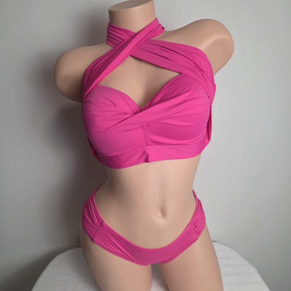 Cosabella Curvy Pink Convertible Halter Bandeau Bikini Set Ruched‎ Bottoms